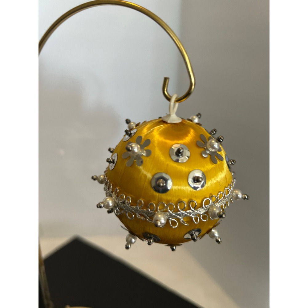 Christmas Ornament Holiday Yellow Satin Sequin Faux Pearl Beaded Collectible 3in